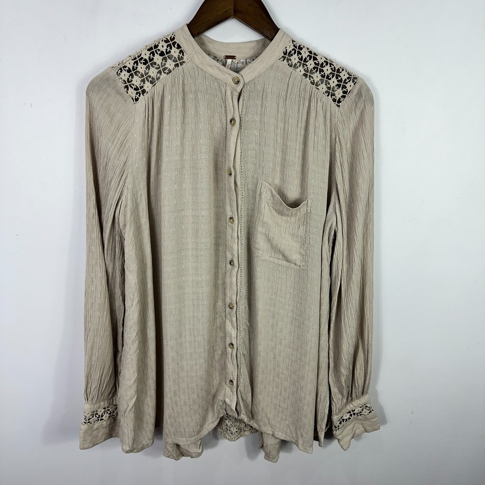 Free People Top‎ S Beige Boho Lace Button Blouse Romantic Cottage Western Chic